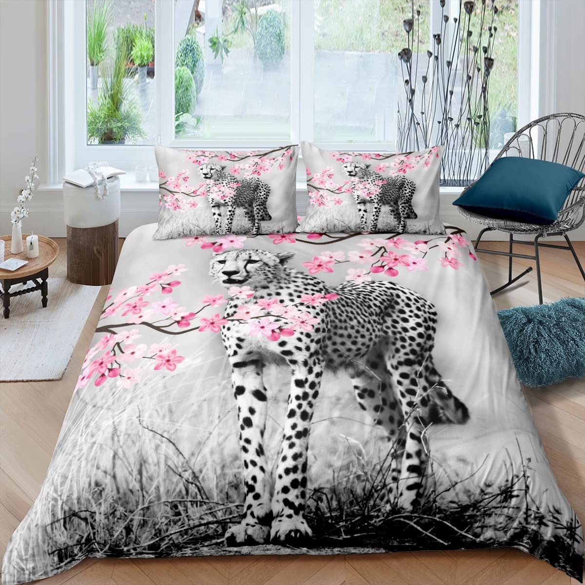 Juego de funda de edredón con estampado de cactus para niños y niñas, juego de ropa de cama bohemia suculenta para bebé niña linda funda de edredón botánico rosa exótica con tema natural y lino tamañ