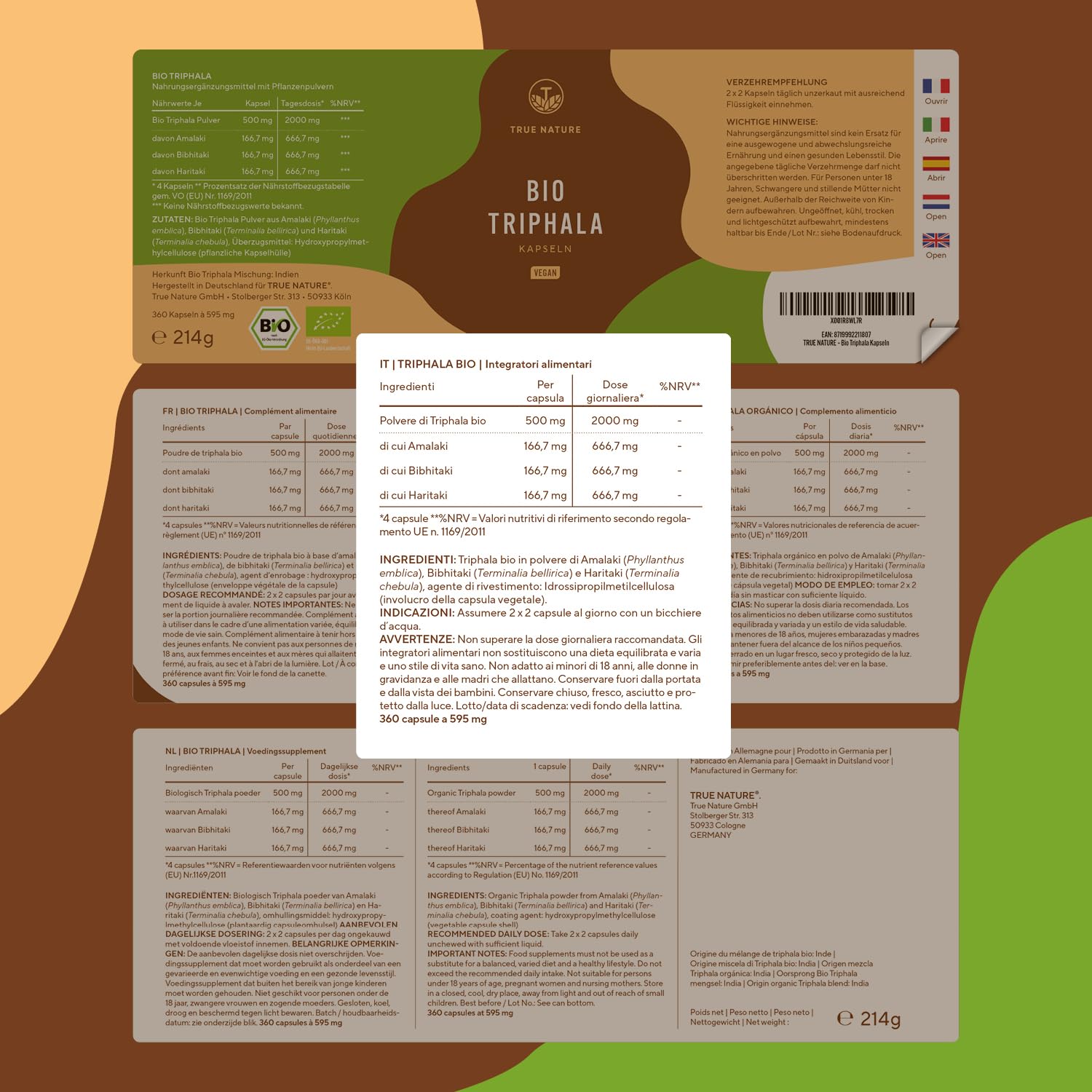 Triphala Bio - 360 Capsule - 2000 mg Dose giornaliera (Alto dosaggio) - Triphala capsule di qualità premium dall'India India - Senza additivi, Testato in laboratorio, produzione tedesca - TRUE NATURE