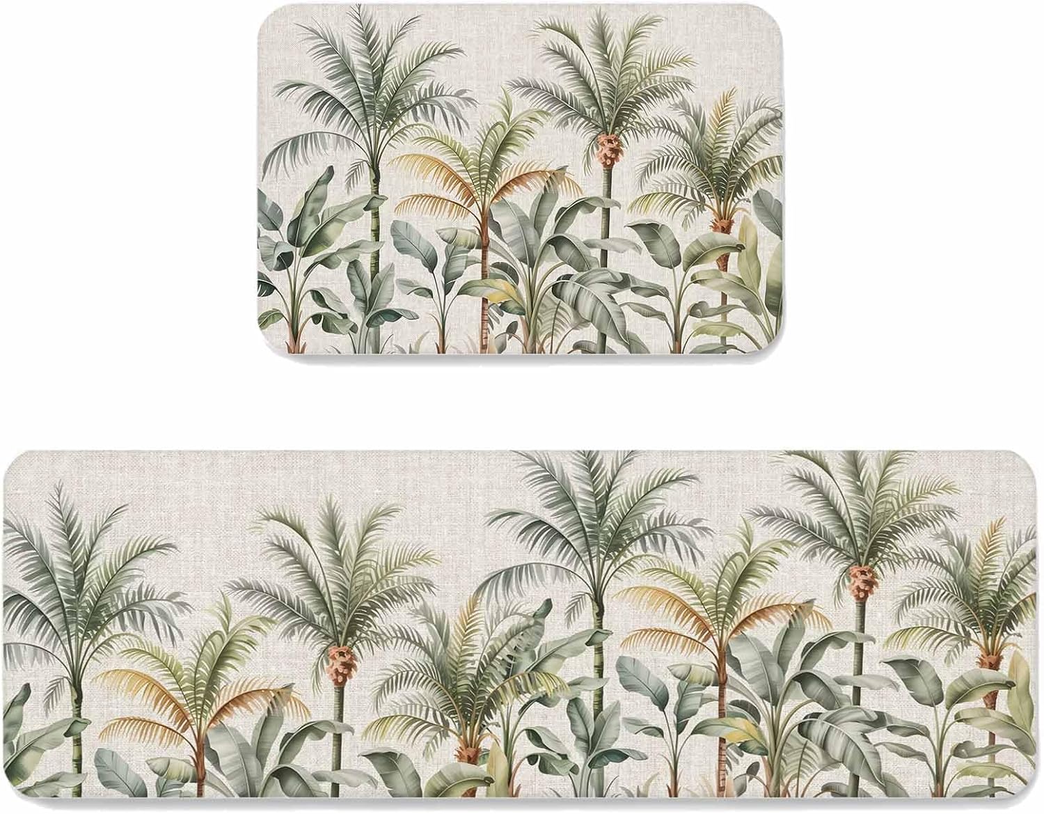 Prime Leader Tropical Plants Kitchen Mat Set 2 Pieces Green Palm Leaf Banana Tree Vintage Linen Non Slip Kitchen Rugs Washable Runner Rug Mats for Sink Laundry (15.7" x 23.6"+15.7" x 47.2")
