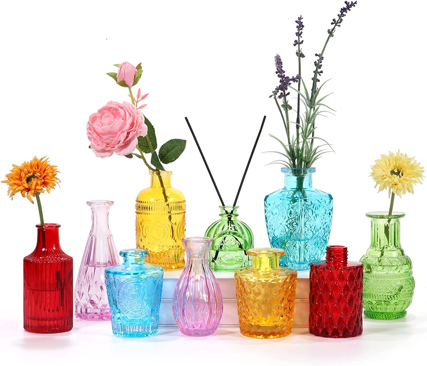 O9 O-NINE Set of 10 Glass Bud Vases, Small Vases for Flowers,Colorful Single Bud Vases in Bulk,Mini Decor Rustic Vases for Centerpieces,Vintage Glass Bottles for Wedding, Home,Table Decoration