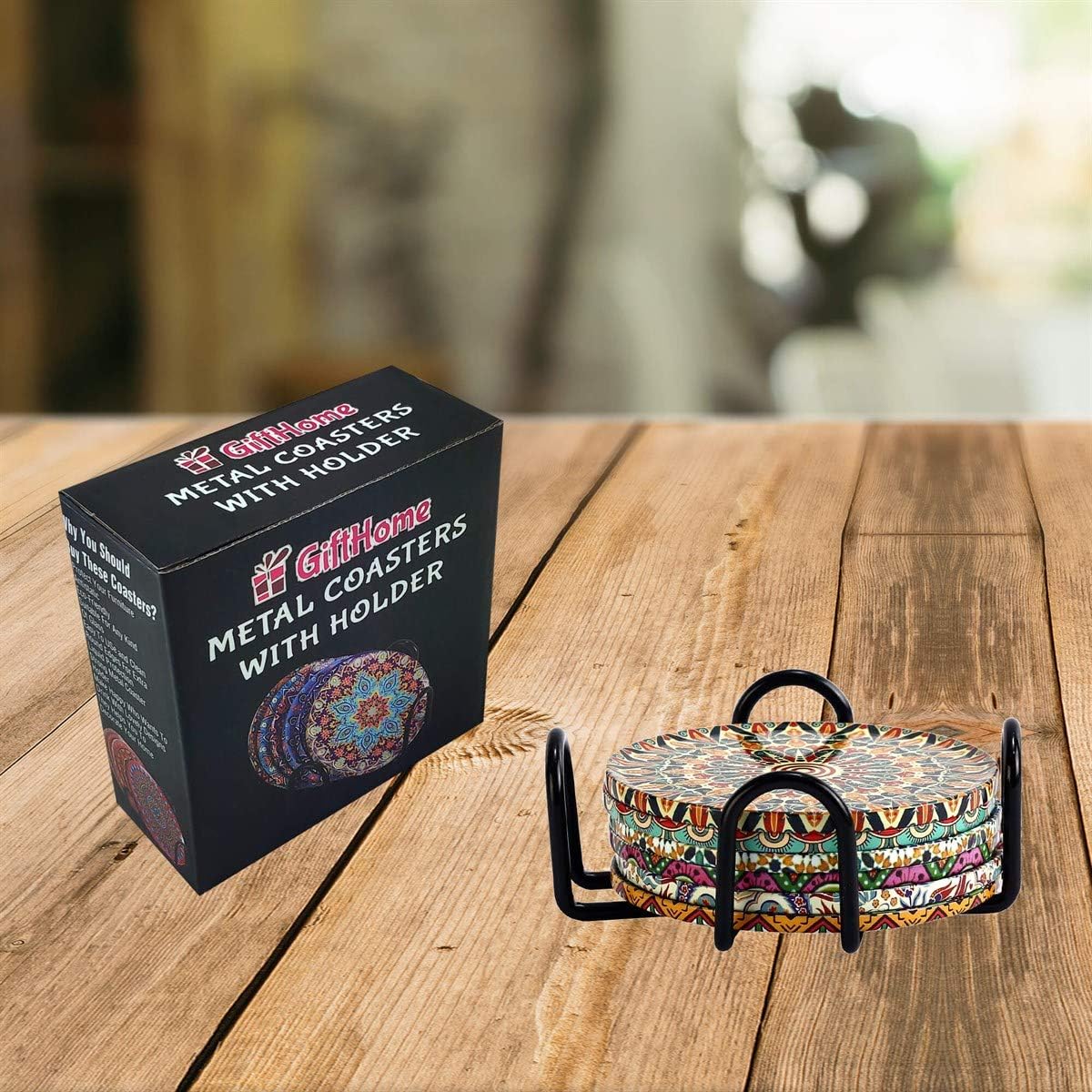 Crazy Clearance Decorative Lovely Metal Coasters With Stainless Metal Holder,Set of 6 Pieces, Suitable Kind Of Mugs And Cups, Underside Is Natural Cork To Protect Your Furniture, Size Of Each Coaster 3.54 Inc