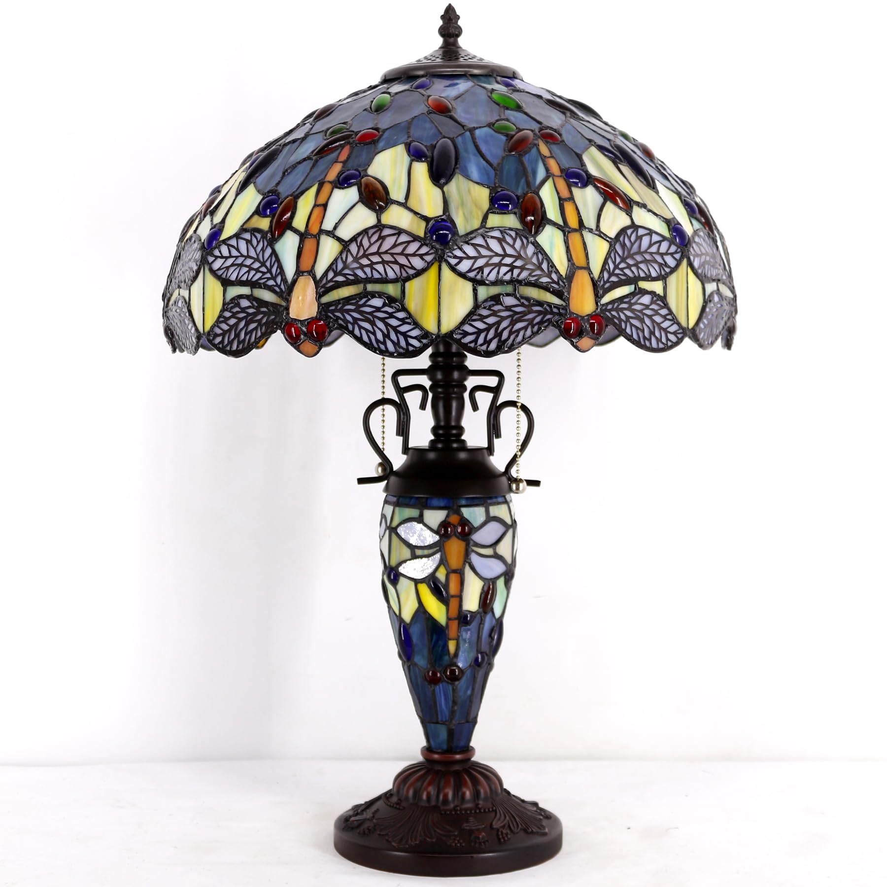 WERFACTORY Tiffany Table Lamp Sea Blue Yellow Stained Glass Dragonfly Mather-Daughter Vase Table Lamp 16X16X24 Inches Desk Light — view 2
