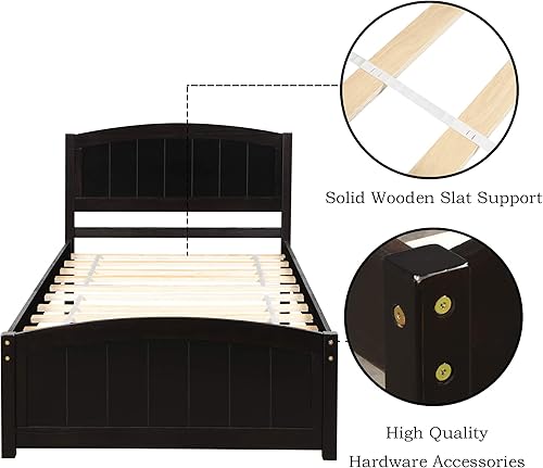 Miniatura 4 de Harper & Bright Designs Base de cama individual, plataforma de madera con cabecera y estribo, soporte de listones de madera, no necesita somier,