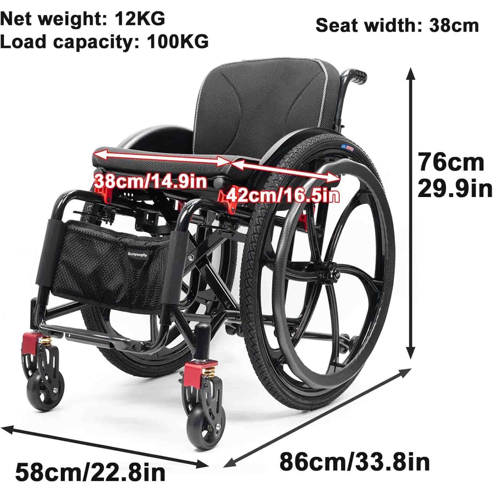 Wózek inwalidzki sportowy, terenowy, składany, aluminiowy, z 26-calowymi tylnymi kołami, amortyzowanymi kołami przednimi, nośność 100 kg (niebieski, szerokość siedziska 38 cm)
