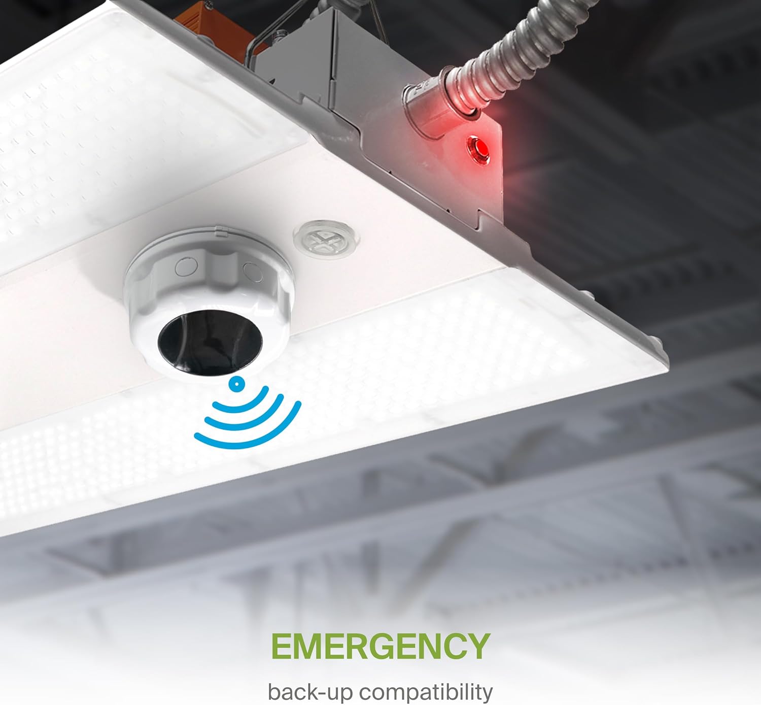 Diagram showing the ASD NLS Microwave Motion Sensor being twisted into a compatible light fixture with a 3-pin base, indicating its wet location rating with water droplets.