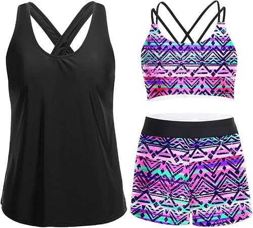 Holipick Traje de baño tankini de 3 piezas para mujer, con control de abdomen, camiseta sin mangas con brasier y pantalones cortos para niños y