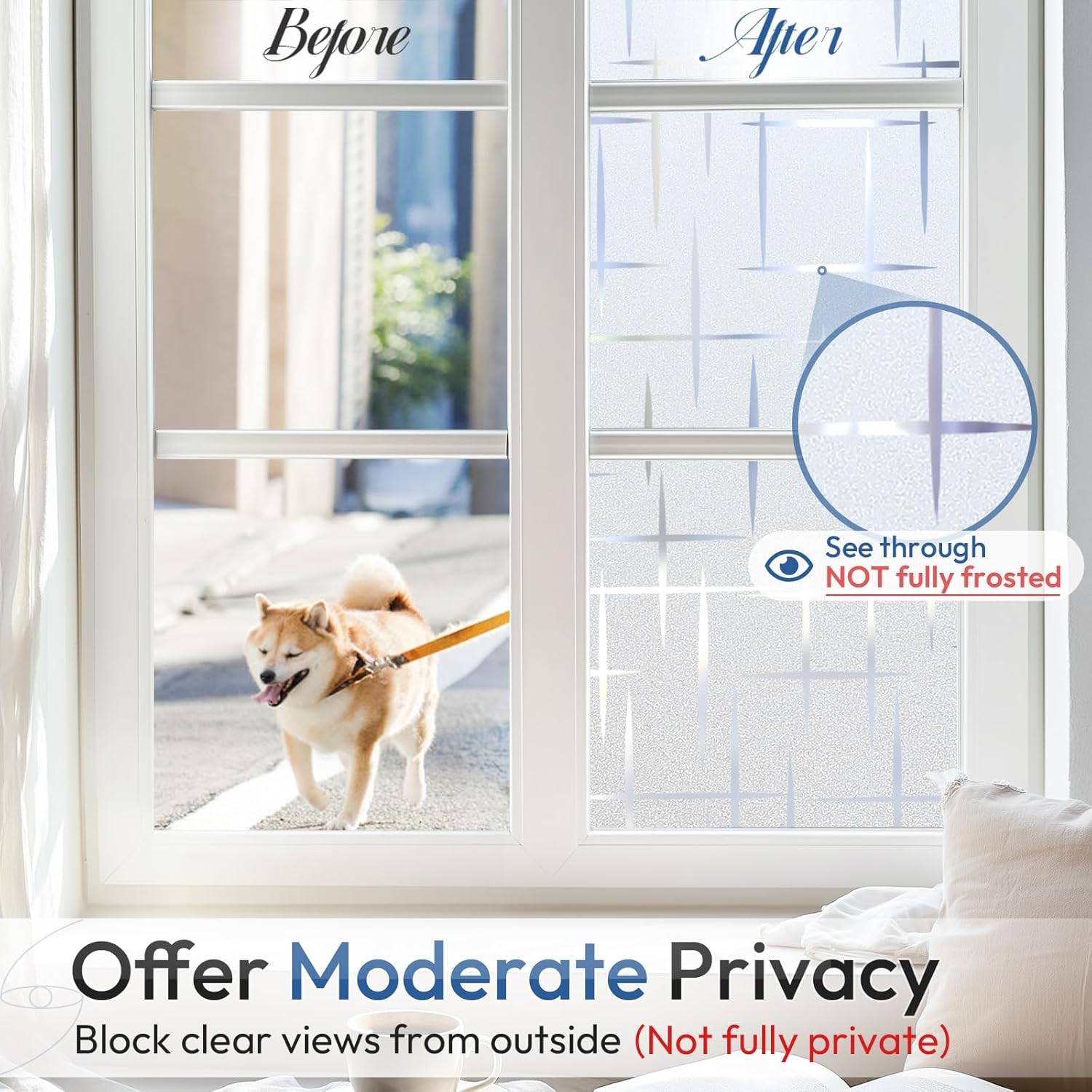 rabbitgoo Window Privacy Film Frosted Glass Window Film, Decorative Privacy Cling, UV Blocking Staic Cling Bathroom Glass Frosting Sticker, Non-Adhesive Front Door Cover, Cross Pattern, 35.4" x 157.4"