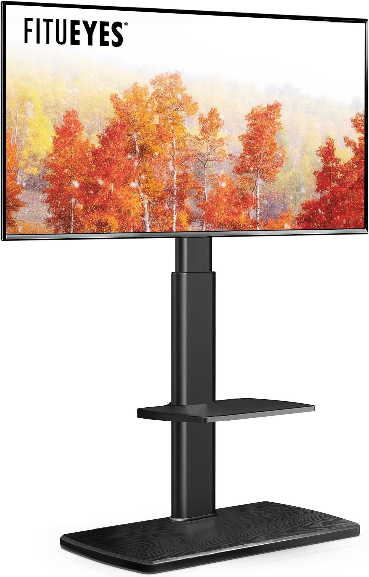 FITUEYES Floor TV Stand for Bedroom, Living Room, Tall Corner TV Stands for TVs 32 37 43 50 55 60 65 70 Inch Swivel TV Mount Stand with Height Adjustable Shelf Upgrade Sturdy Wood Base, Black
