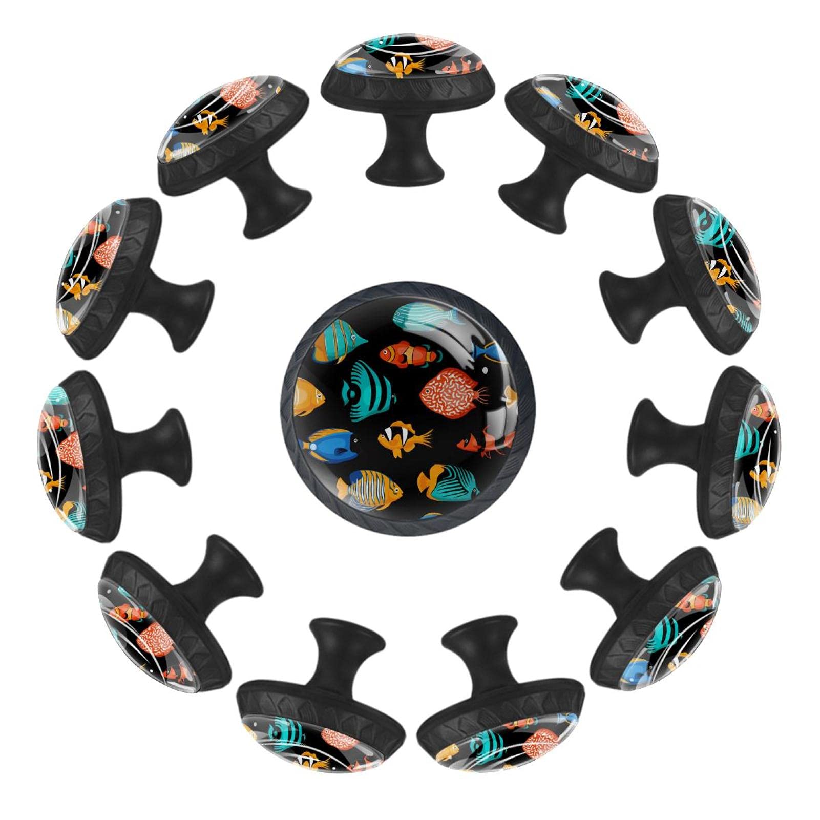 Boutons de tiroir ronds 35mm à motif poissons tropicaux colorés pour meuble