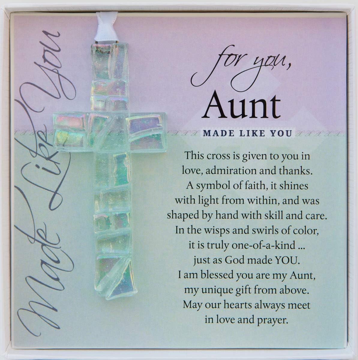 Handmade in USA Clear Glass Cross with Sentiment - Gift For Aunt From Niece/Nephew for Christmas, Mother's Day, Aunt's Birthday - Religious Gift for Aunt