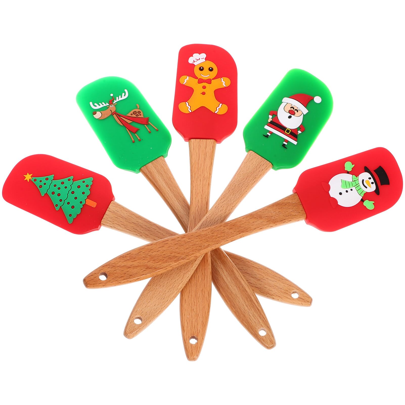 MAGICLULU Lot de 5 Spatules de Noël en Silicone et Bois, Ustensiles de Pâtisserie Multifonctionnels Faciles à Racler pour Former et Décorer Desserts de Fête Plusieurs styles
