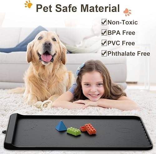 Miniatura 3 de Tapete de silicona para comida y agua para perros de 28 x 20 pulgadas con bolsillo para recolección de residuos, tapete impermeable para cuenco de