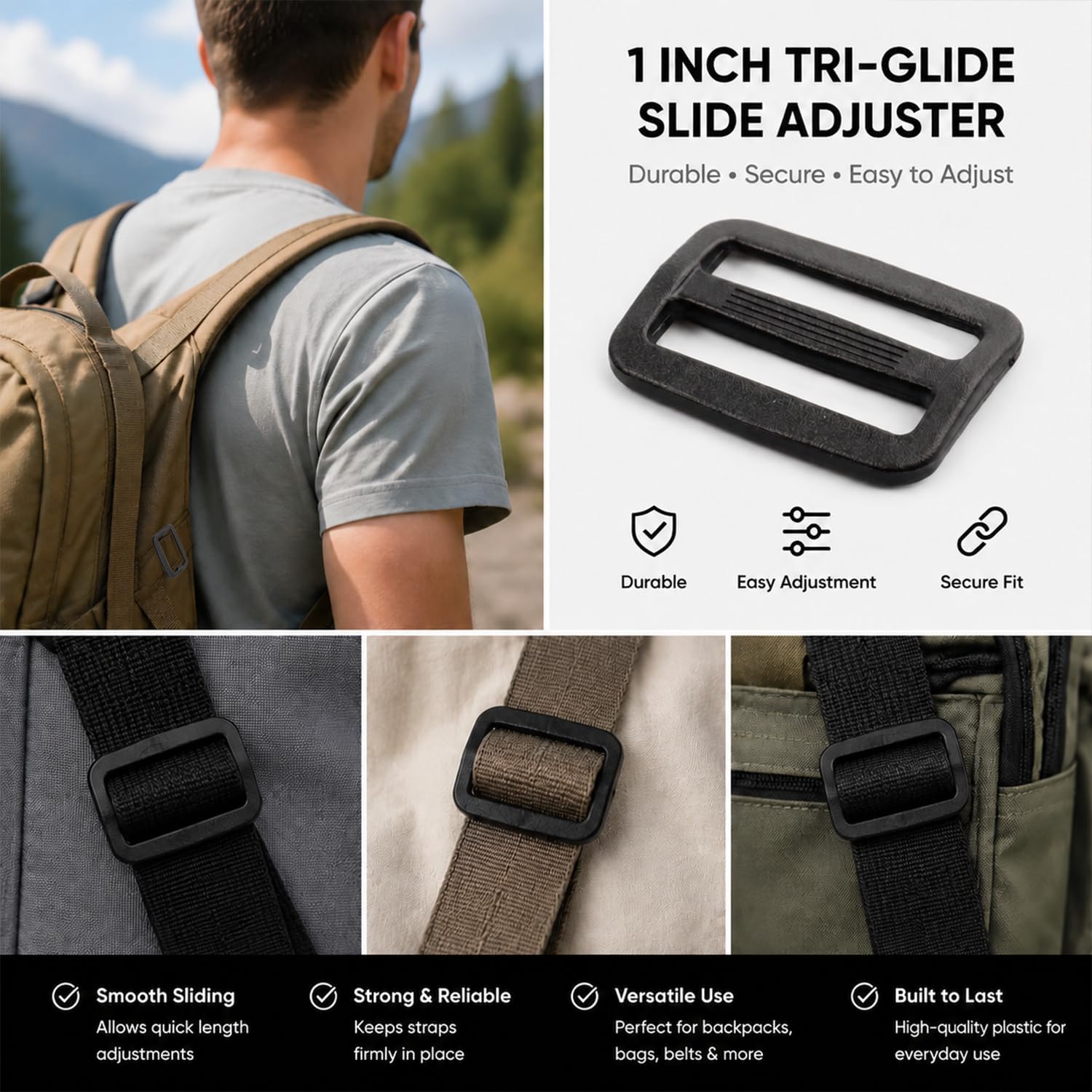 100pcs 1 inch Plastic Tri-Glide Slides Buckles Kit Adjustable Webbing Strap Triglides Slider Button for Belt Backpack and Bags