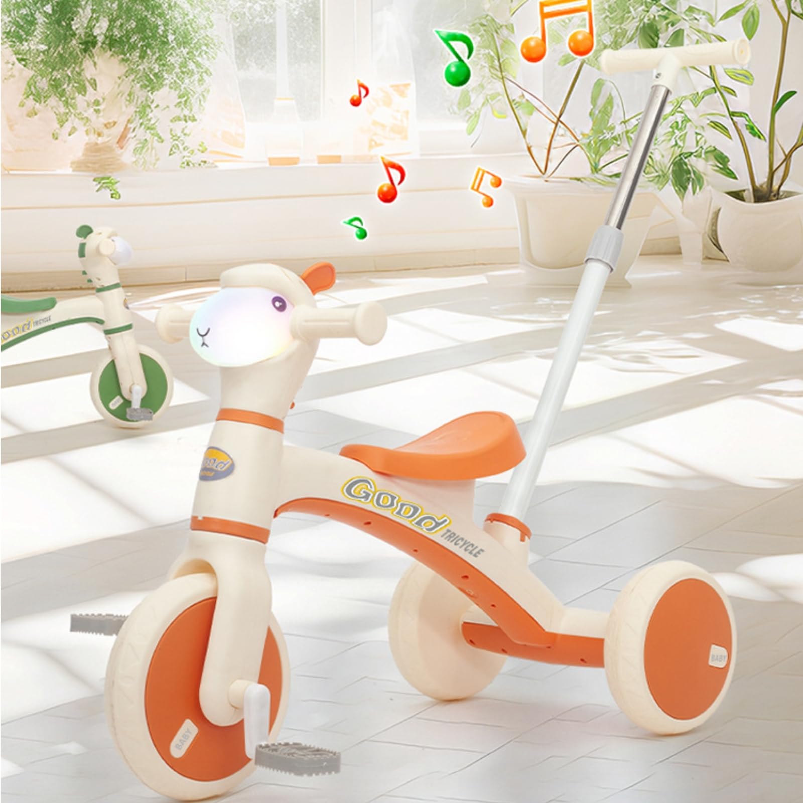 Veicolo a Tre Ruote Alpaca Musica e Luci Veicolo a Tre Ruote a Spinta Leggero per Bambini Piccoli, Arancione