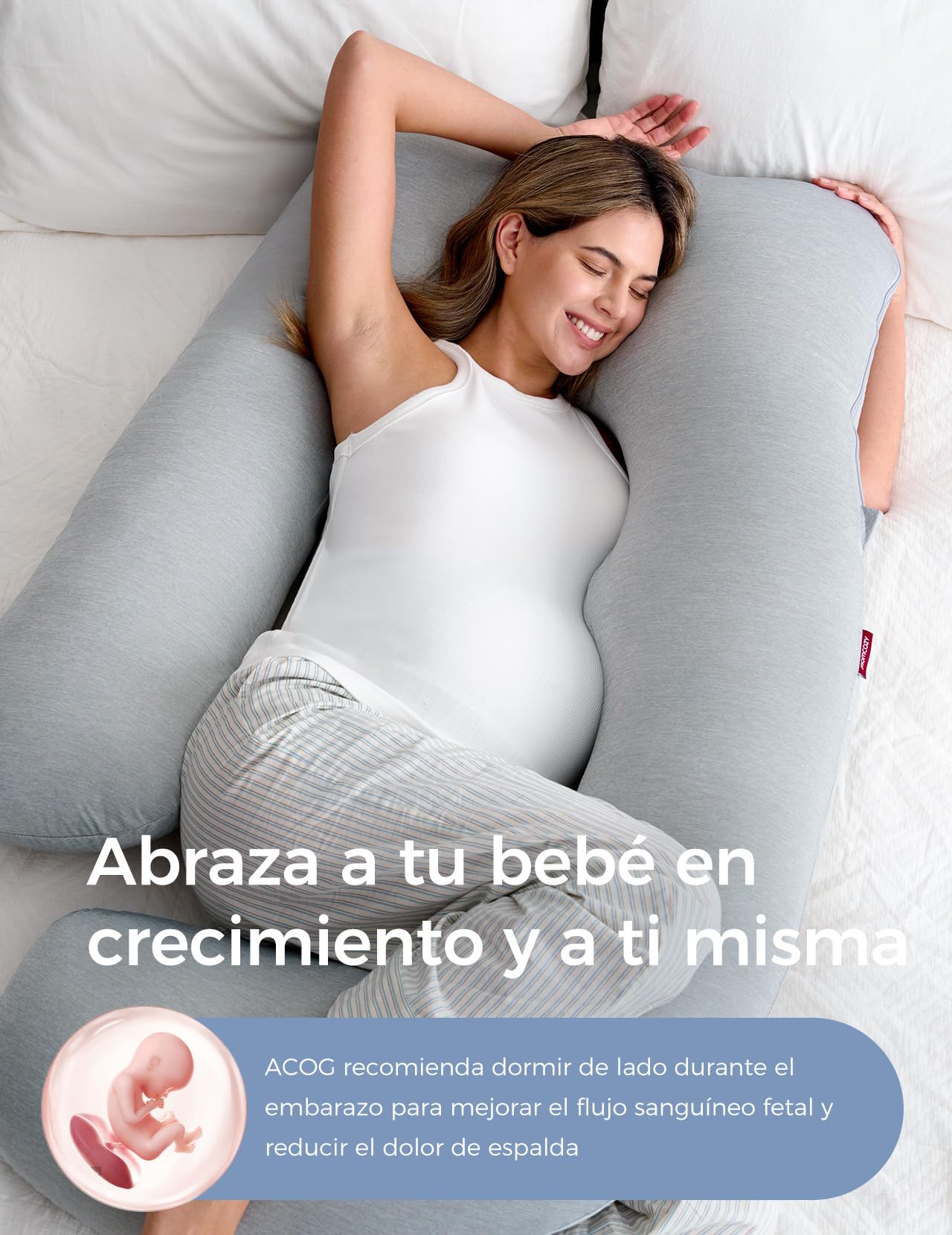 momcozy Almohada para Embarazadas con Funda Refrigerante – Cojín Embarazada en Forma de U de Cuerpo Completo, 145 cm, Apoyo para Espalda, Vientre y Piernas – Almohada Embarazo para Dormir de Lado