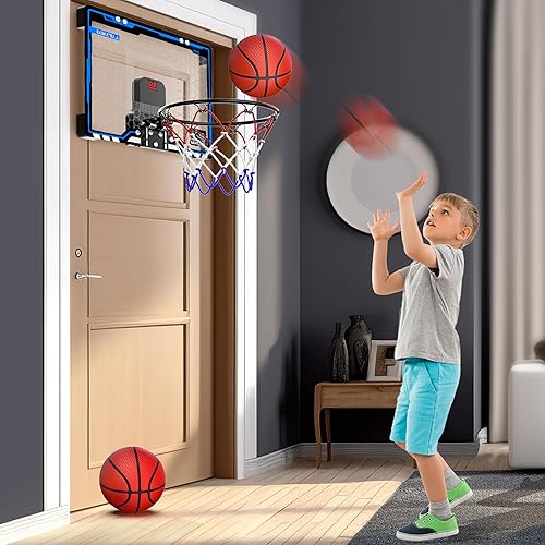 Miniatura 5 de HopeRock - Mini aro de baloncesto para interiores para niños, aros de baloncesto sobre la puerta con iluminación LED, mini aro con marcador y 3