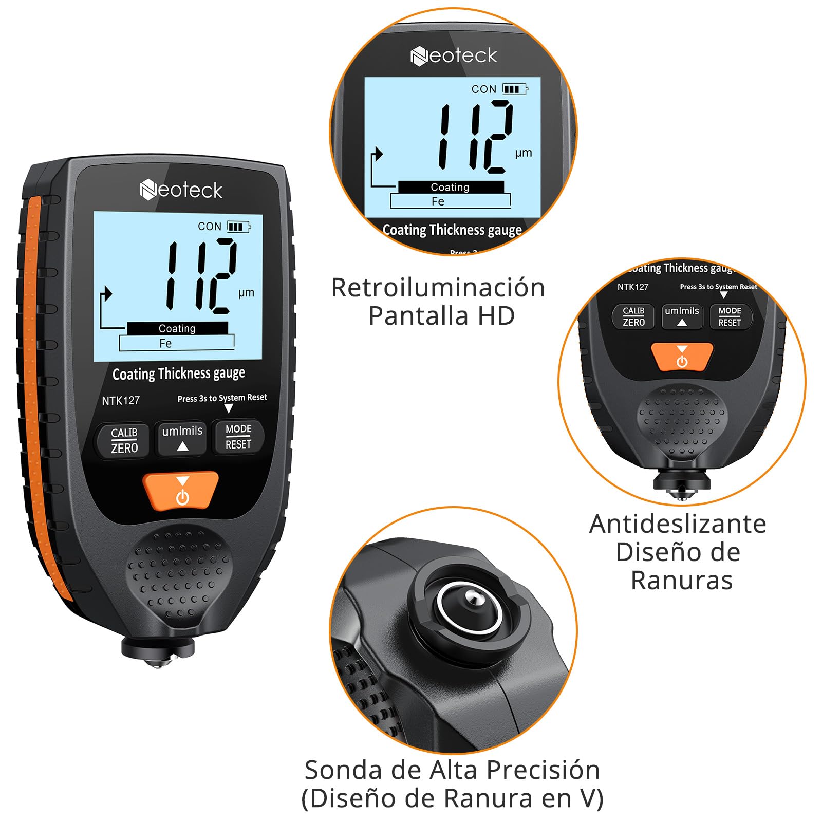 Neoteck Medidor de Espesor 0-1500um Medidor de Espesor de Recubrimiento de Pintura para Automóvil Sonda Fe&NFe con Retroiluminación para Automóviles de Metal con Base de Acero y Aluminio