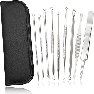 9 Pieces Blackhead Remover Set, Milia Remover Comedone Clip Set, Expressive Stainless Steel Pimple Remover Skin Care for Face Nose Black with Box