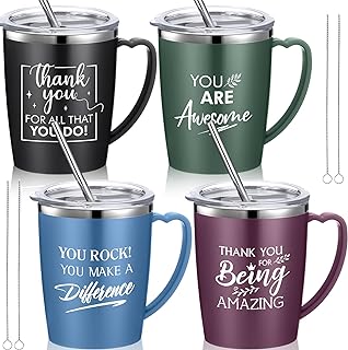 Tioncy 4 Sets Thank You Gifts for Women Christmas Stainless Steel Insulated Coffee Mug with Handle Lid Employee Teacher Inspirational Mug with Handle for Women Coworkers(Classic Color)
