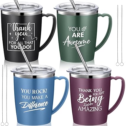 Tioncy 4 Sets Teacher Thank You Gifts for Women Stainless Steel Insulated Coffee Mug with Handle Lid Nurse Inspirational Mug Travel Mug with Handle for Mother's Day Women Coworkers(Classic Color)