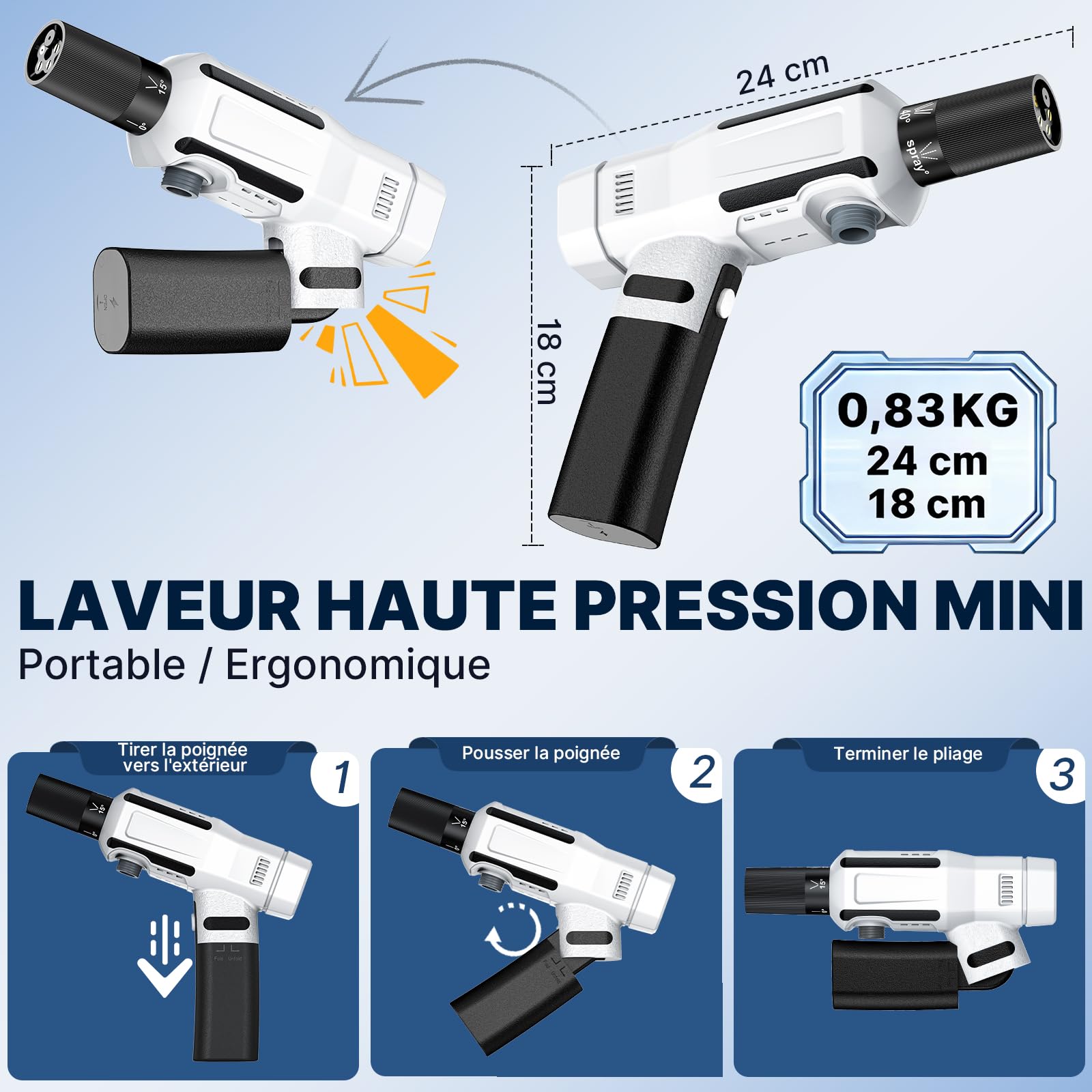 Mini Nettoyeur Haute Pression sans Fil, Nettoyeur Haute Pression avec Mode 3 Vitesses, Buse Pivotante 5 en 1 et 180 °,Portable et léger，Pistolet Haute Pression Batterie