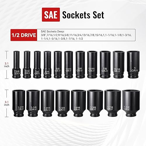 Miniatura 49 de Juego de 64 piezas de llaves de 3/8 pulgadas, SAE (5/16"-1") y métricas (0.236 in-0.945 in), profundas y superficiales, llave de trinquete de 72