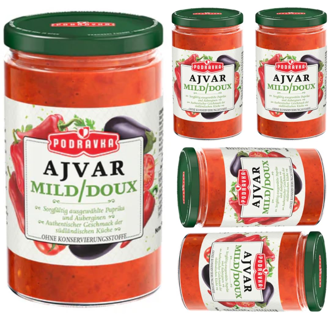 Ajvar Lot de 5 sauces à légumes en verre doux - Un délicieux plat d'accompagnement traditionnel pour sauce - 350 g