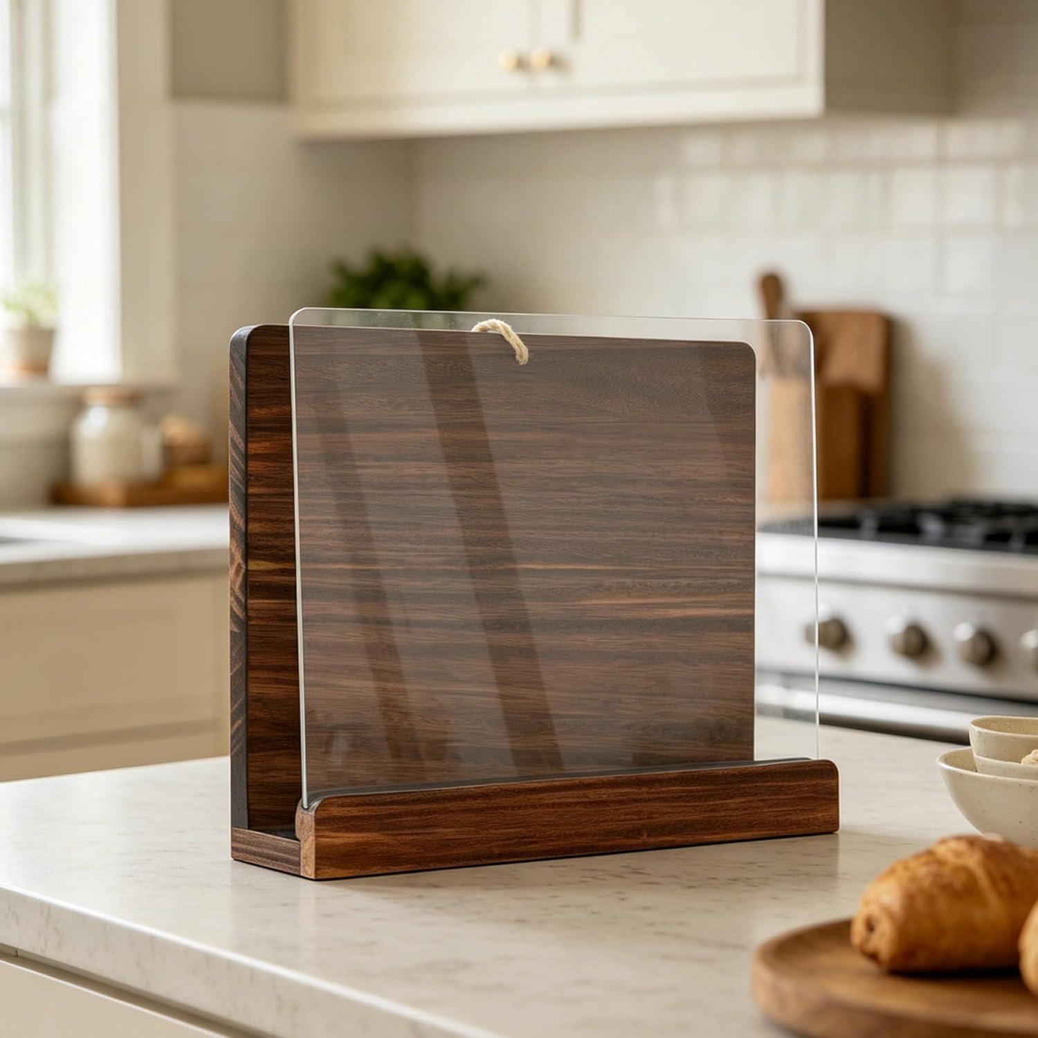 Cookbook Stand for Kitchen Counter,Wooden Recipe Book Holder with Protector | Acrylic Splatter Shield Cookbook Holder, Adjustable Easily Keep Books, iPads Tablets, Gift Retro Kitchen Decor Rustic Brown