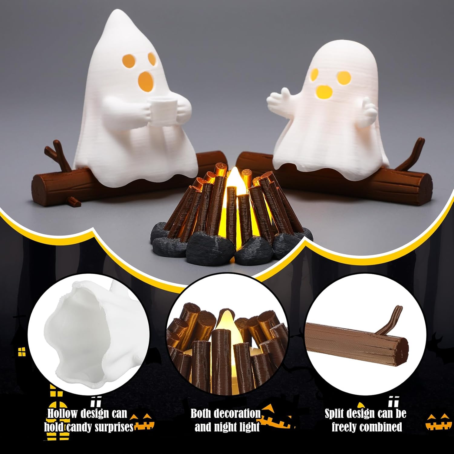 Halloween Gifts Light up Ghost Boo Table Decor Ceramic Ghost Campfire Figurine Indoor Cute Funny Gift Basket for Mantel Tabletop Bookcase Indoor Party Decoration