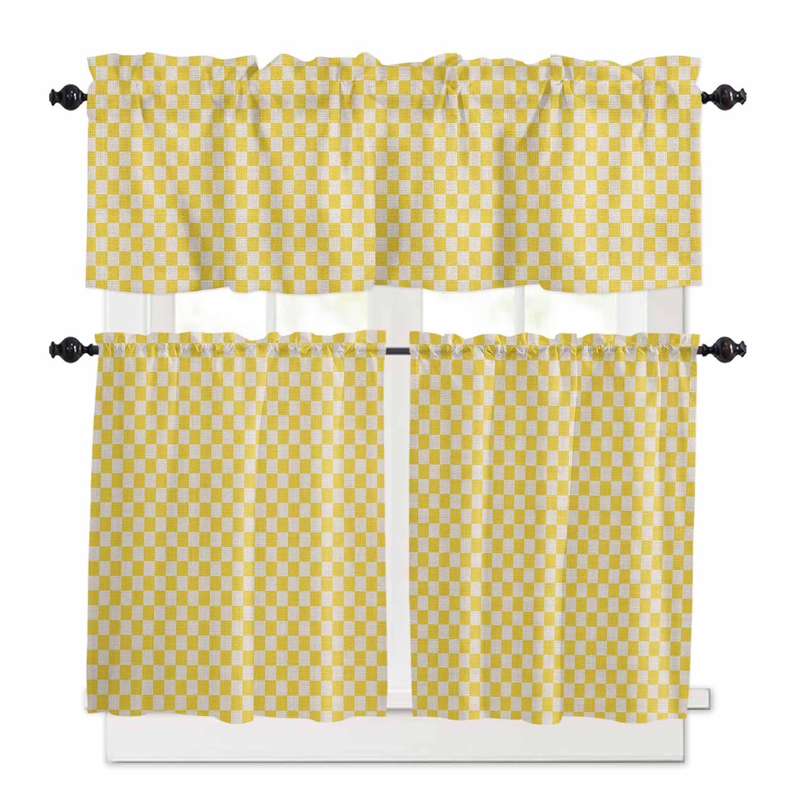 Yellow Plaid Kitchen Curtains 24 Inch Length, 3 Piece Rod Pocket Small Half Tiers and Valance Set, Modern Geometric Checkered on Linen Small Large Window Treatment Decor for Bedroom/Bathroom Sink