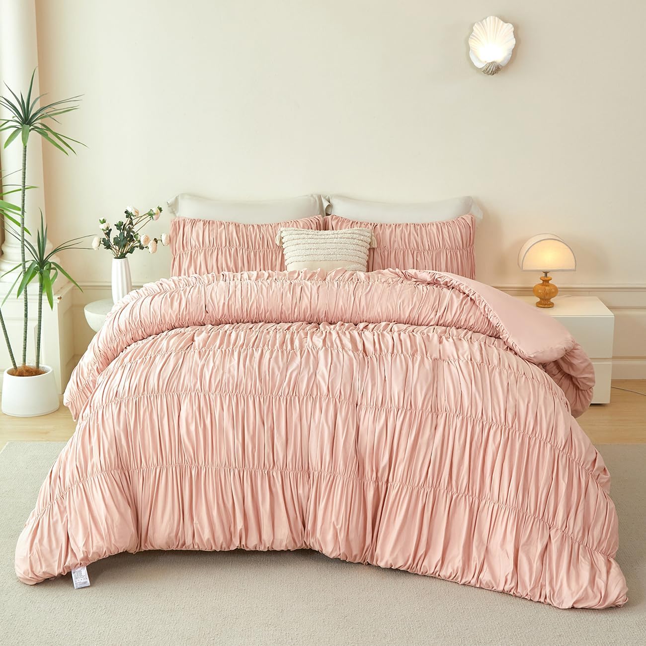 PERFEMET Blush Comforter Set Queen Size 5-Piece Boho Ruched Pink Comforter with Sheet Set Soft Luxury Fluffy Pleated Textured Bed in a Bag All Season Farmhouse Ruffled Bed Set(Blush, Queen)