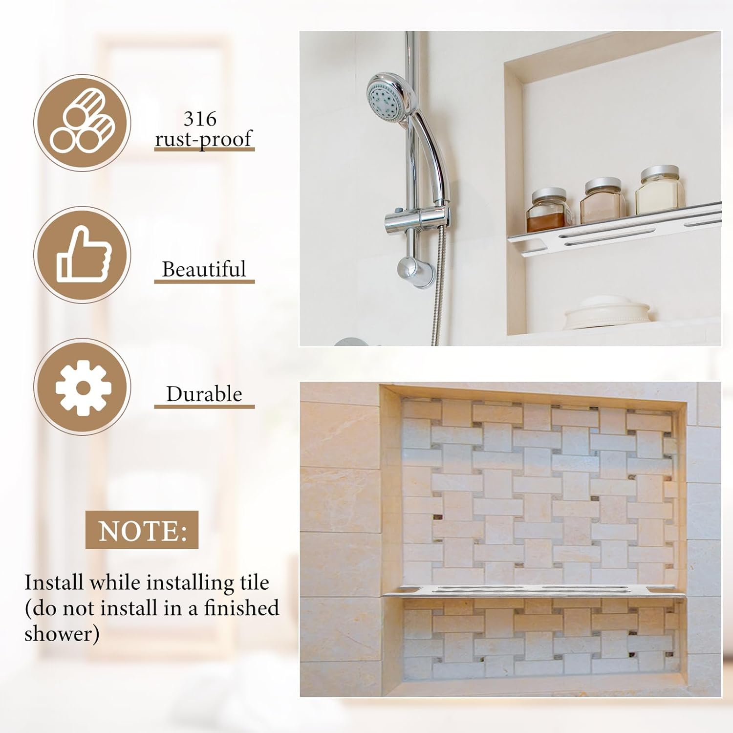 2 Pcs Bathroom Niche Shelf for 12" Prefabricated Niches Fits 1/8" Grout Line, 3mm Thick, Marine Grade Brushed 316 Stainless Steel Shelf During Remodel Before Tile Installation