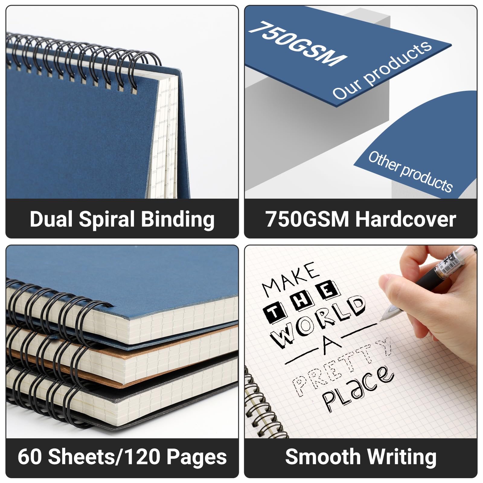 EUSOAR Lot de 3 carnets graphiques à spirales, format A4, 21,6 x 27,9 cm, 120 pages, couverture rigide, papier quadrillé à spirale, composition pour mathématiques, sciences, ingénierie, dessin,