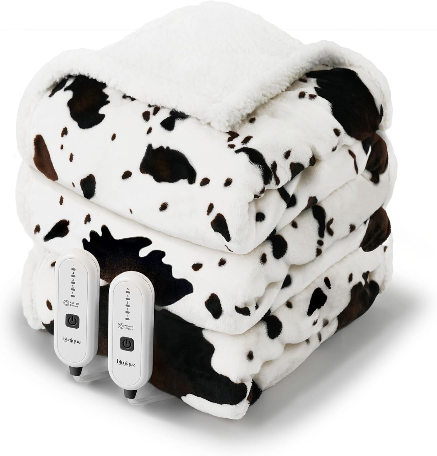 Cow Print Heated Electric Blanket King Size-Dual Control Heating Blanket King Size with 5 Heat Levels & 10 Hours Auto-Off, Cozy Soft Fleece Sherpa, Washable, 90x100 Inche Cow Print White Cow Print White King 90" x 100"