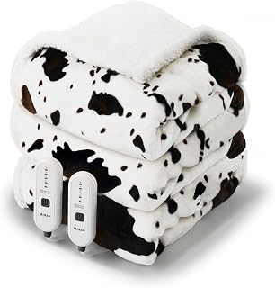 Cow Print Electric Heated Blanket Queen-Dual Control Heating Blanket Queen Size with 5 Heat Levels & 10 Hours Auto-Off, Cozy Soft Fleece Sherpa, Washable, 84x90 Inche Cow Print White