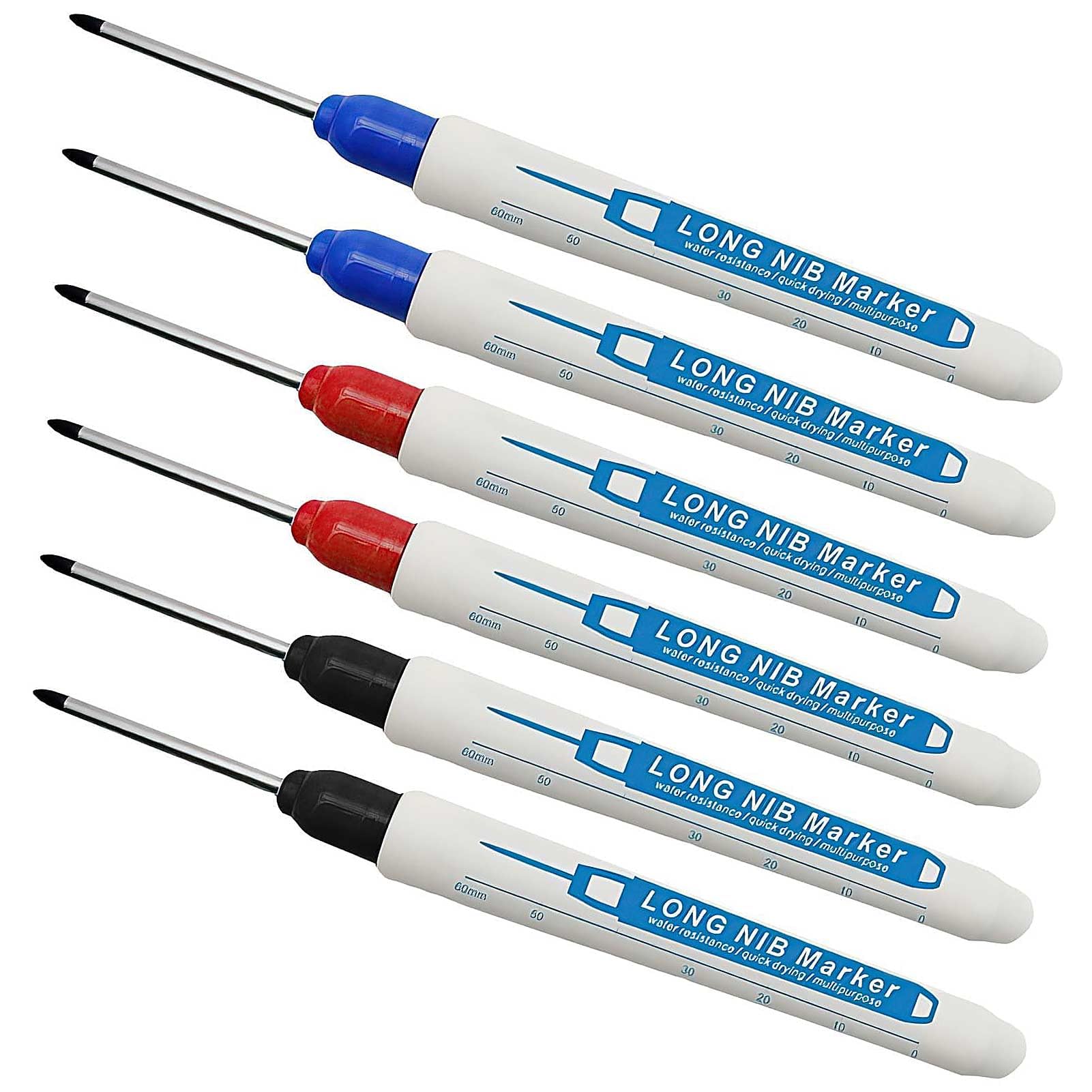 6PCS Long Head Deep Hole Marker Carpenters Pens, 30mm Extra Long Reach Pen Fine Tip Permanent Marker Pens Hole Marker Tool for Permanent Marking of Hard to Reach Areas (Black Blue Red)