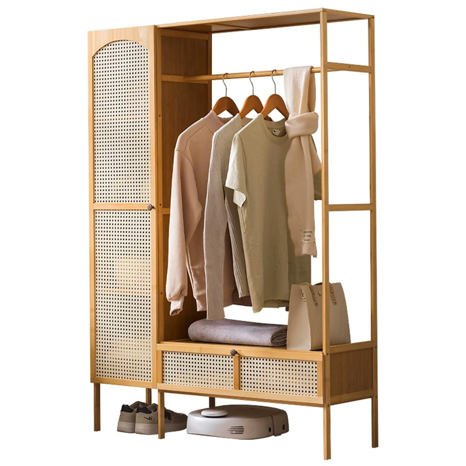 Porte-manteau élégant en bambou massif de 101 cm avec armoire basse fermée