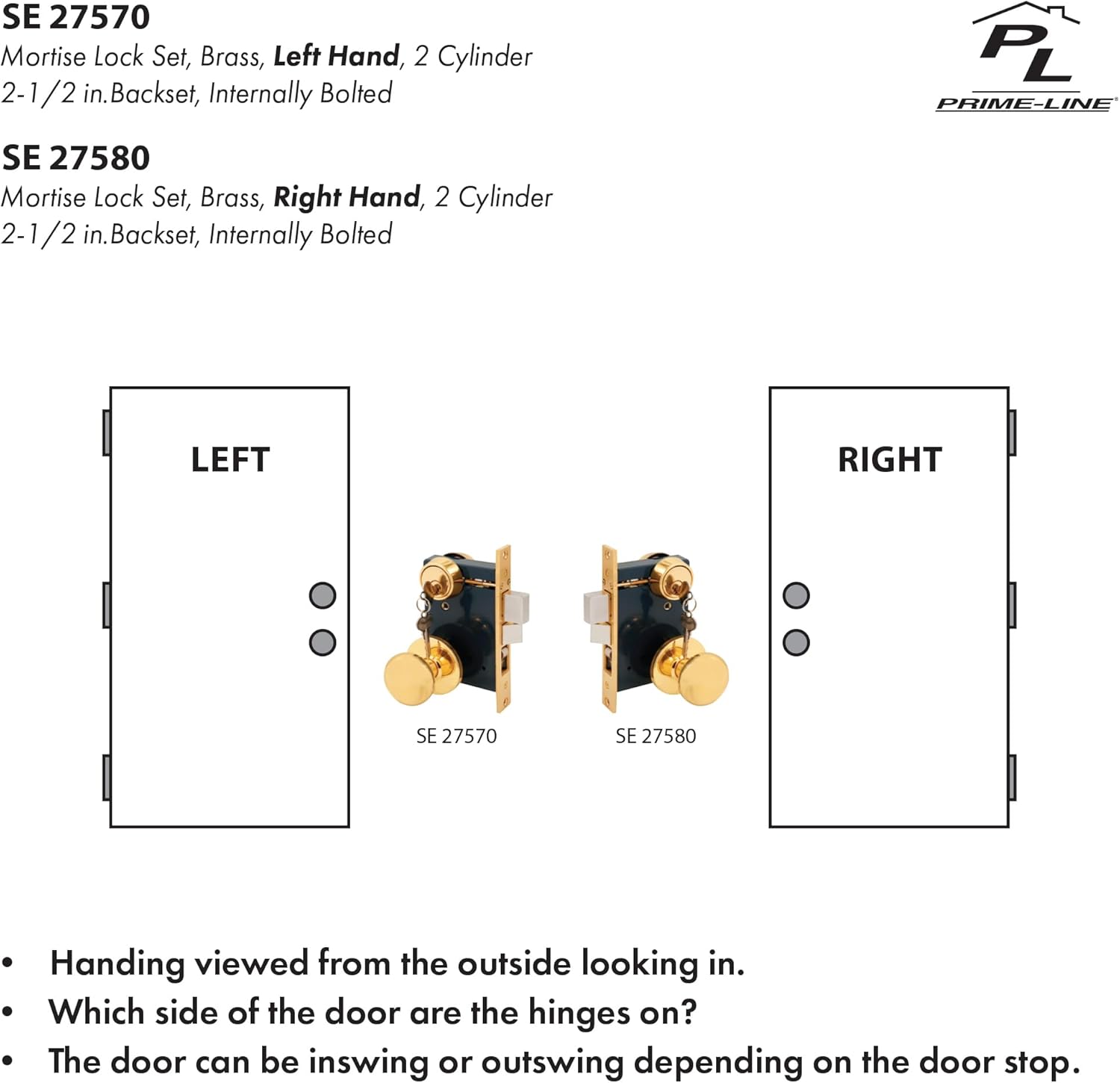 Prime-Line SE 27580 2-1/2 in. Backset, Entrance Mortise Lockset, Wrought Solid Brass, Right Handed (Single Pack)