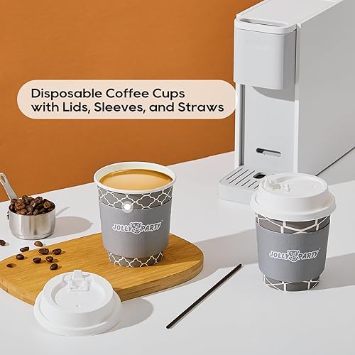 Miniatura 20 de JOLLY PARTY [100 juegos] Tazas de café de papel de 12 onzas, tazas de café desechables con tapas, fundas y pajitas, taza para beber bebidas frías