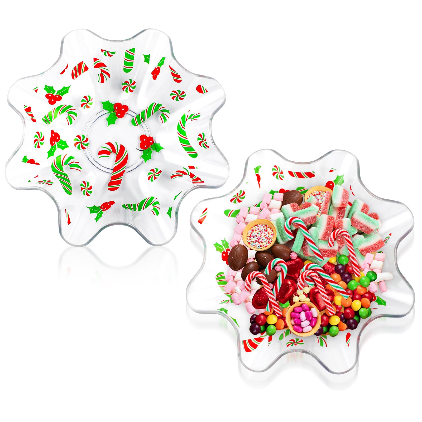 Tioncy 2 Pcs Christmas Plastic Dish Candy Cane and Holly Leaves Print