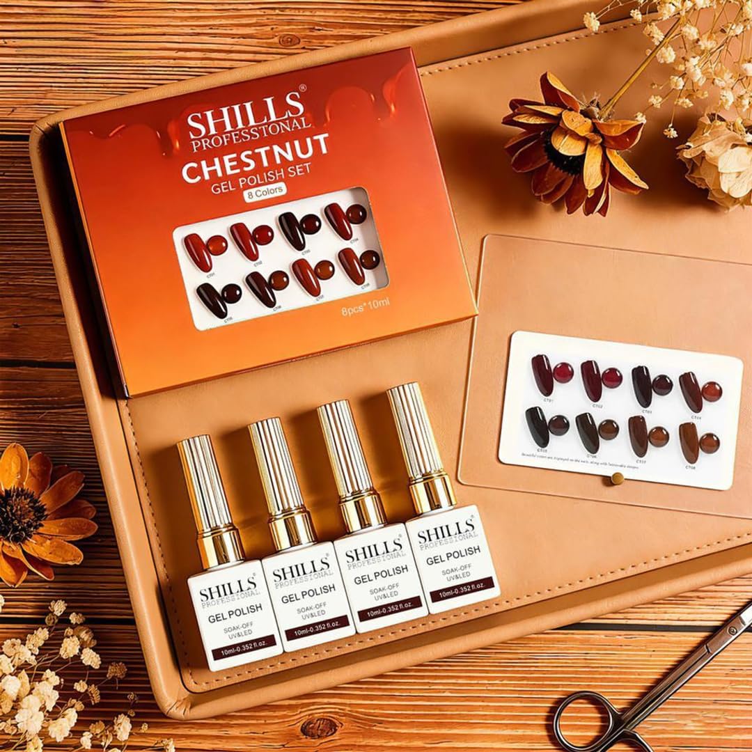 Shills Professional Chestnut Gel Polish Set (8 Colors, 10ml Each) | Warm Brown Nude Gel Nail Polish Kit | UV LED Soak Off Long Lasting Nail Gel for Salon & Home Use-picture-23