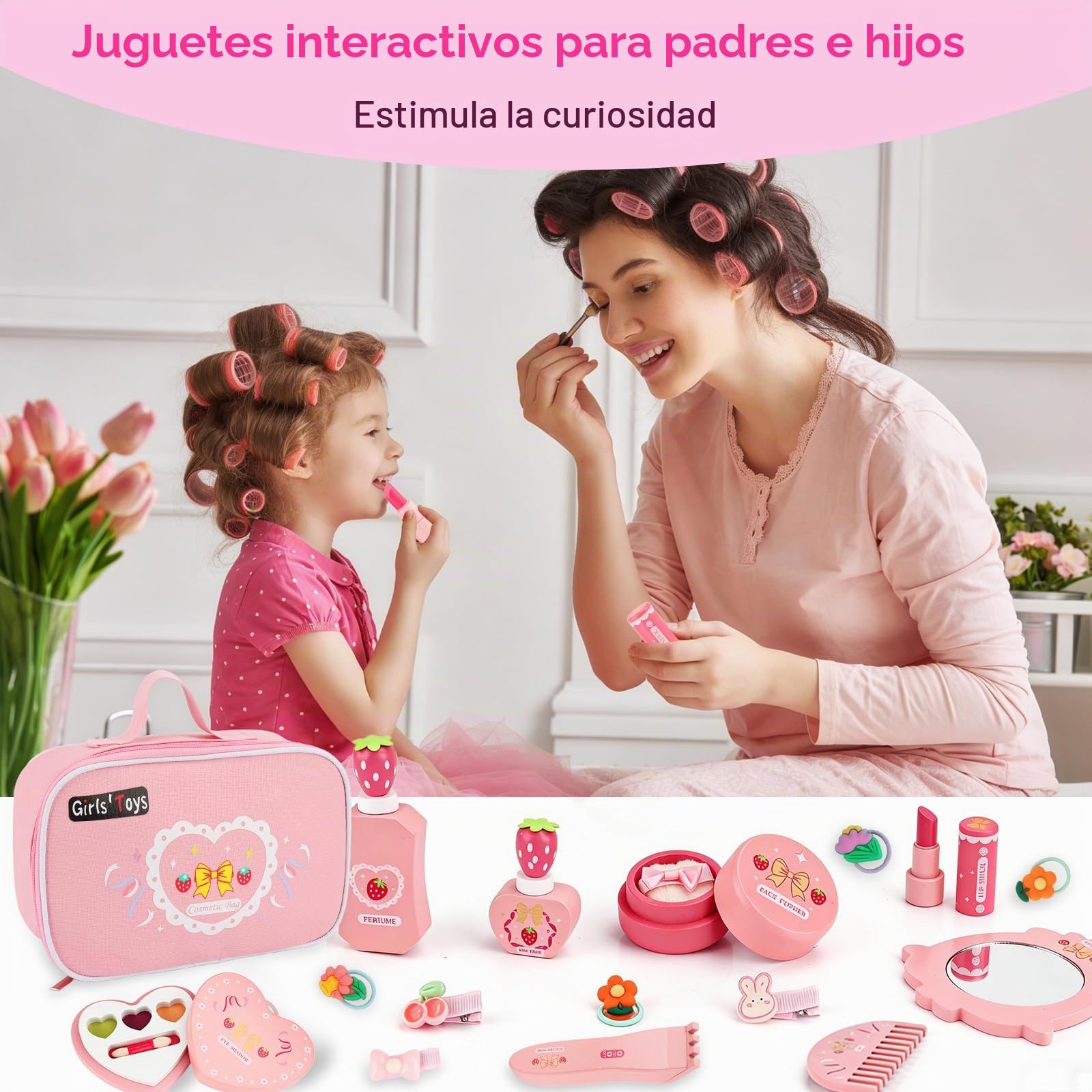Set Maquillaje de Madera Niña,Juguetes de Belleza de Madera,Juguete de Maderas Juego de rol,Kit de Maquillaje Feating con Bolsa Comestic Accesorios Regalo Cumpleaños para Niños 3 4 5 6 Años