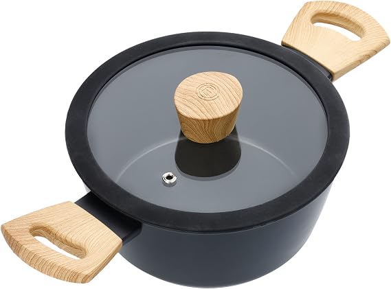 MasterChef Stock Pot with Lid 20cm Non Stick Casserole, Stew & Soup Pan for All Cooking Surfaces incl. Induction Hobs, Swiss Engineered with Scratch Resistant, Nonstick Coating, Aluminium, Woodlook