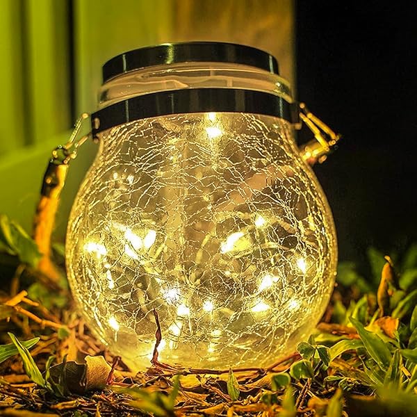M LEDme - Farolillo Solar Exterior, luz cálida, SphereGlass Linternas Solares de Cristal Craquelado para Jardin, Luz Solar con Soporte Extraíble, Césped, Navidad, 2W, LM8074 - 1