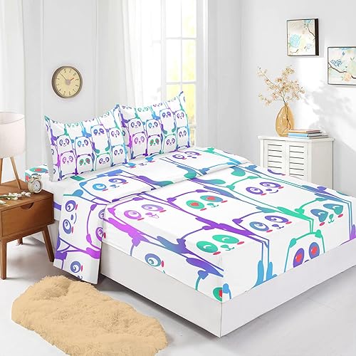 BailiPromise Juego de sábanas de 4 piezas con diseño de panda de dibujos animados tamaño Queen, diseño de animales kawaii, sábana bajera estampada