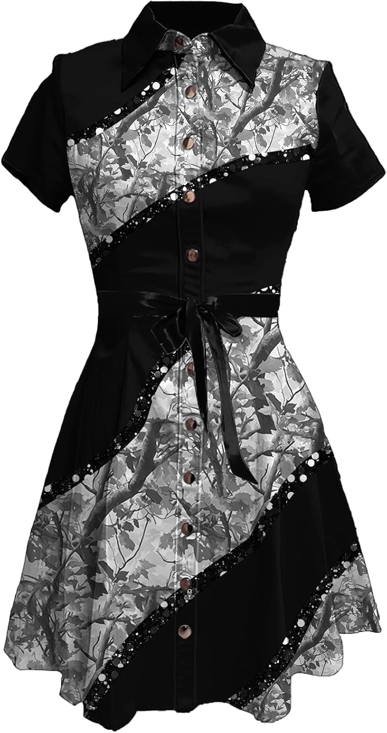 Business Casual Dress for Women Western Floral Short Sleeve Collared Button Down Fa...