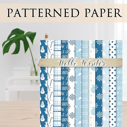 Miniatura 4 de Whaline 60 piezas de papel con patrón de Navidad, copo de nieve, muñeco de nieve, álbum de recortes, papel especial, papel decorativo azul para