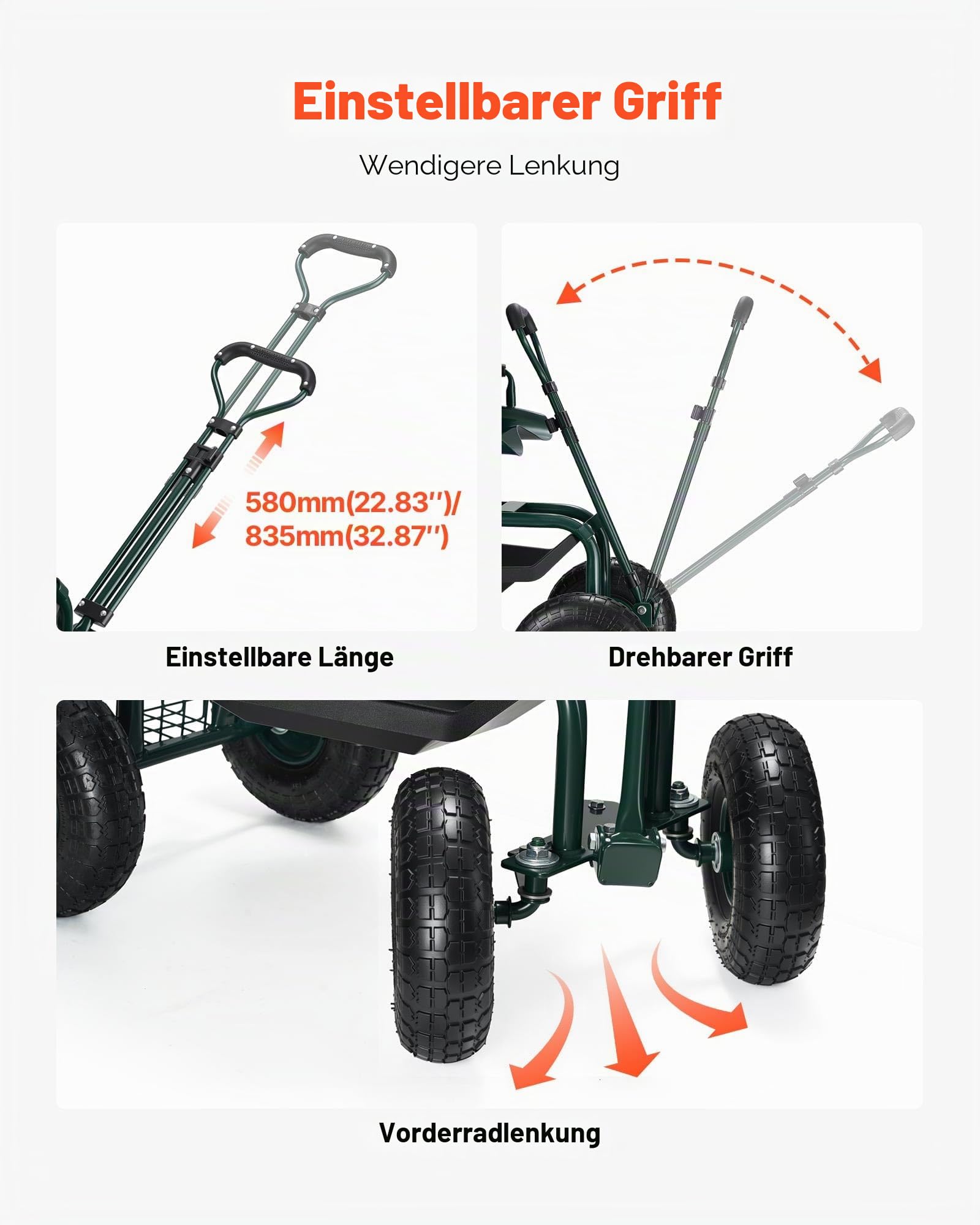 VEVOR Mobiler Gartensitz 810x480x690/770 mm, Gartenrollsitz mit höhenverstellbarer & um 360° drehbarer Sitzfläche, Tragkraft 180 kg, Rückenlehne & Werkzeugaufbewahrung, für Garten, Hof, Terrasse