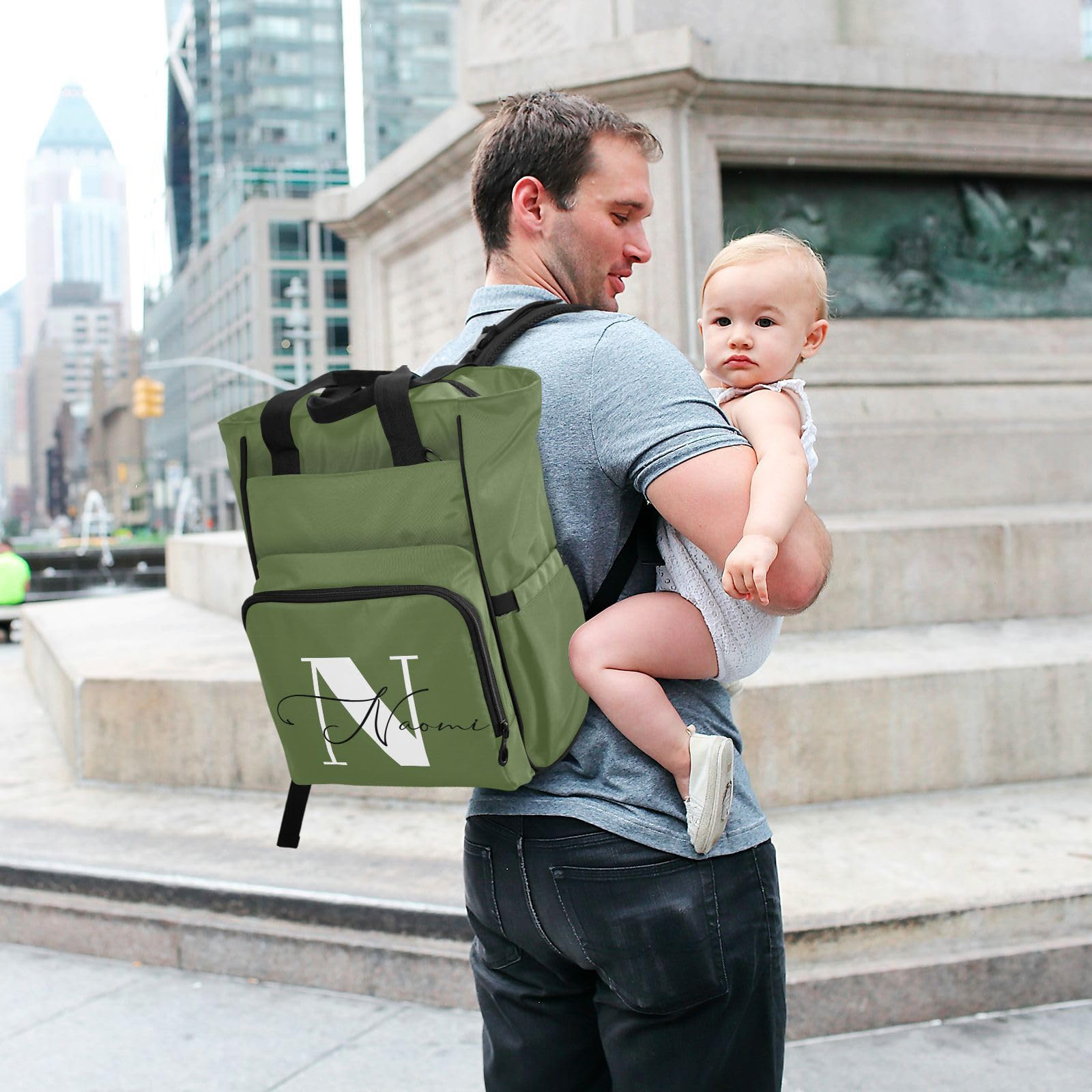 MCHIVER Dark Green Custom Diaper Bag Backpack Large Capacity Personalized Baby Bags with Insulated Pockets Maternity Mommy Bag for Baby Boys Baby Girls