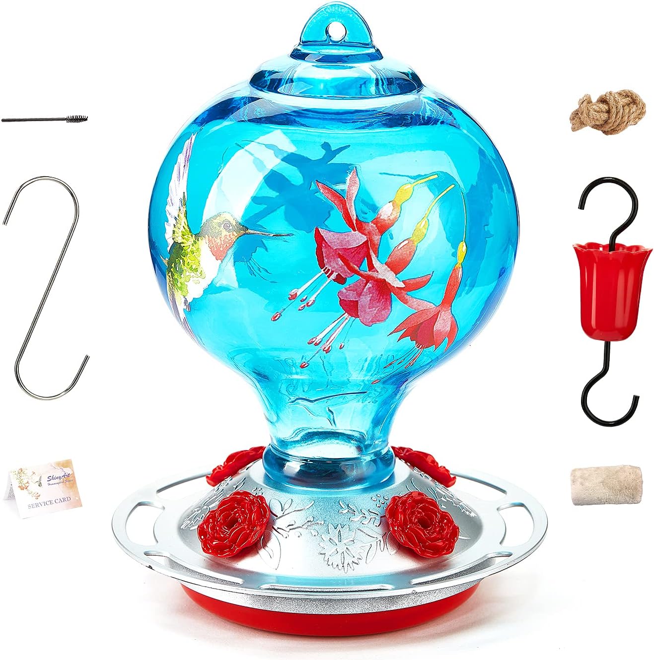 ShinyArt Hummingbird Feeder for Outdoors, 38 Ounces, Blue Birds and Floral, Including Ant Moat, S Hook, Hemp Rope, Brush, Cleaning Rag and Service Card